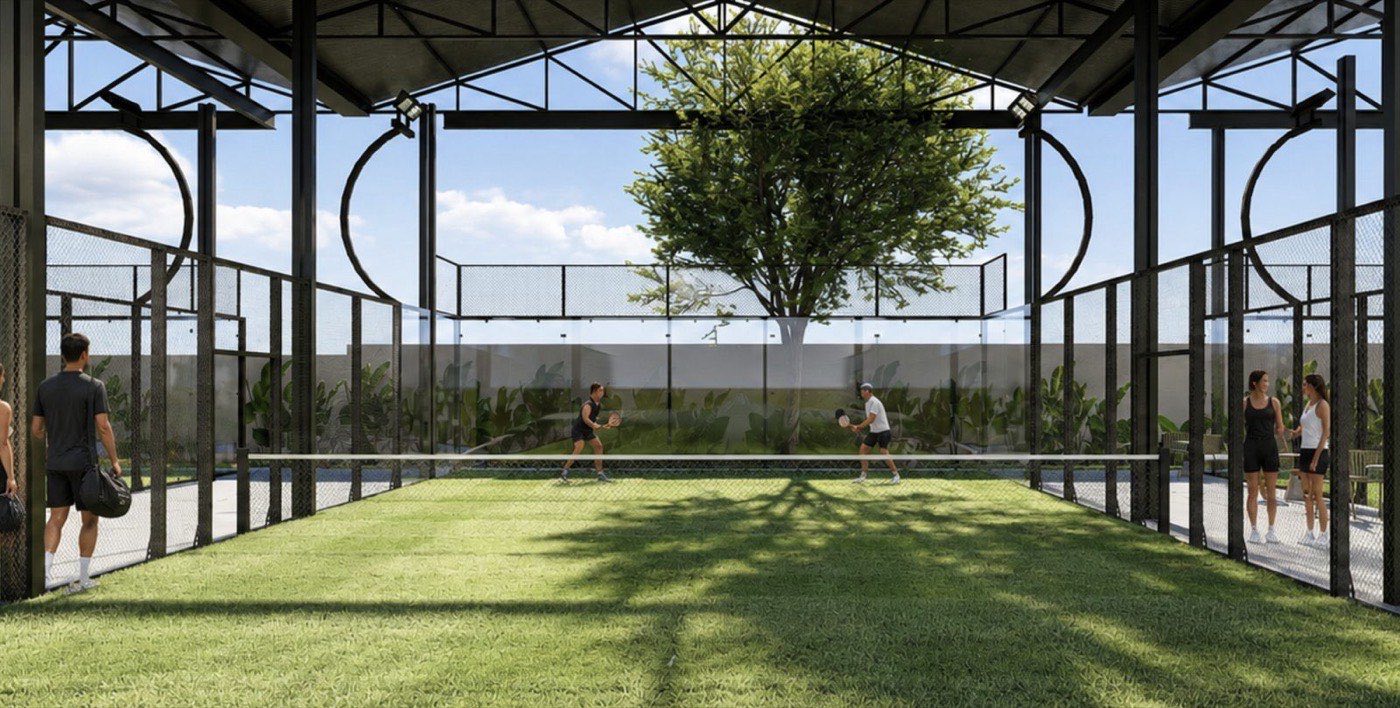 Render de las canchas de pádel de Altezza Haus, con estructura de acero y vidrio